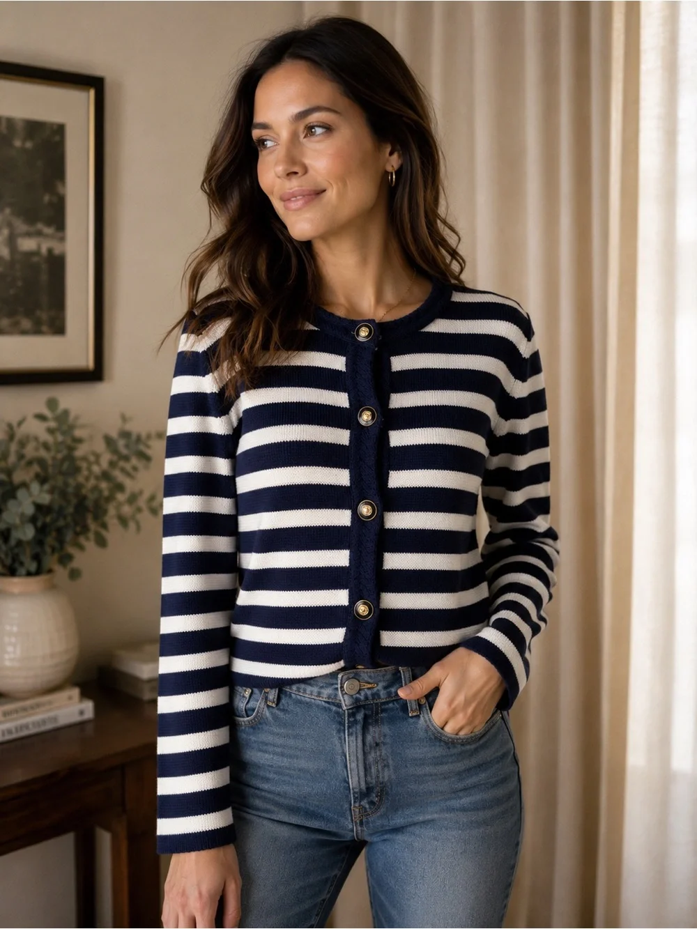I Crew Navy and White Nautical Striped Crewneck Button Cardigan Sweater